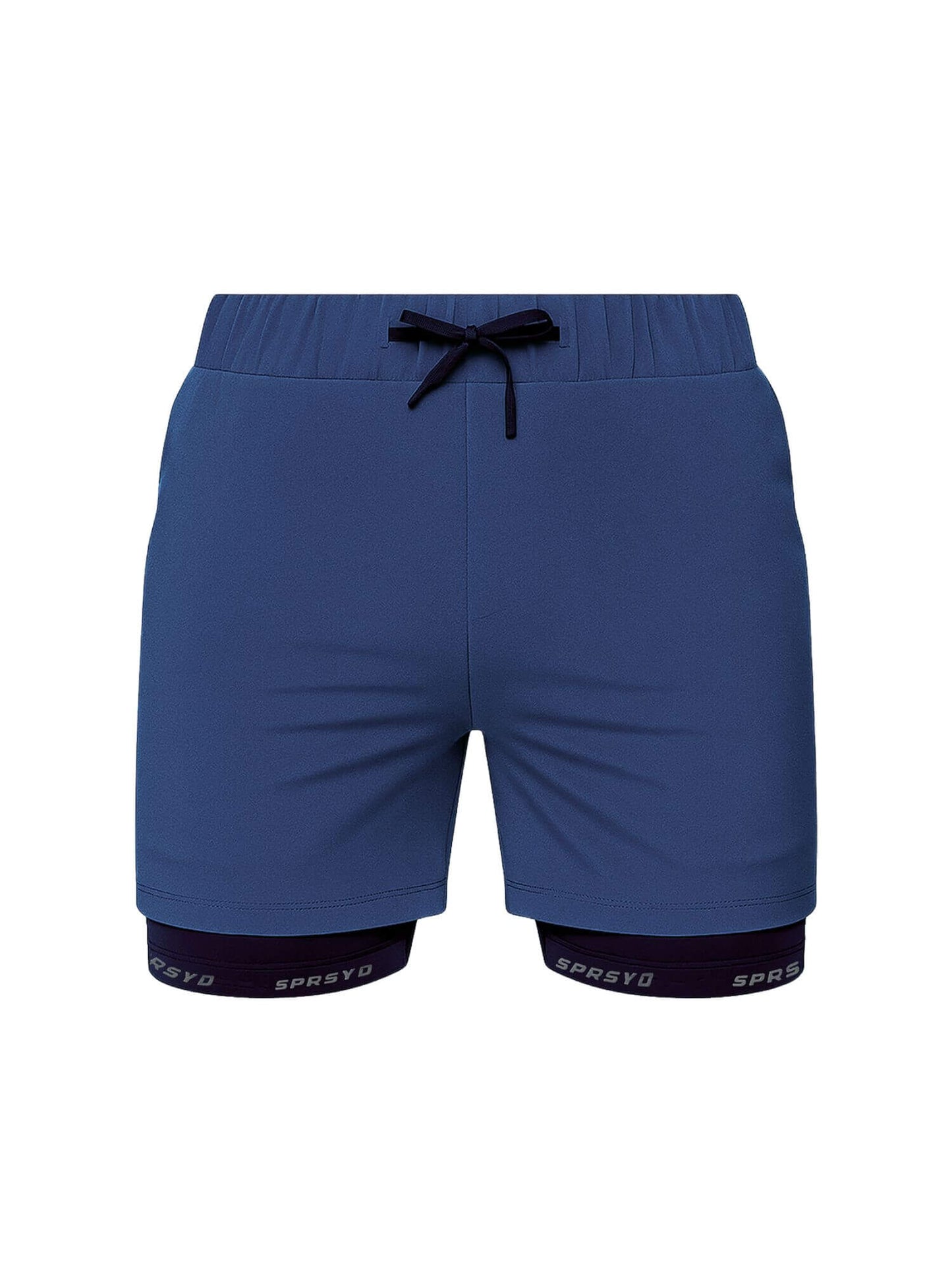 Blue shorts with black drawstring on a white background