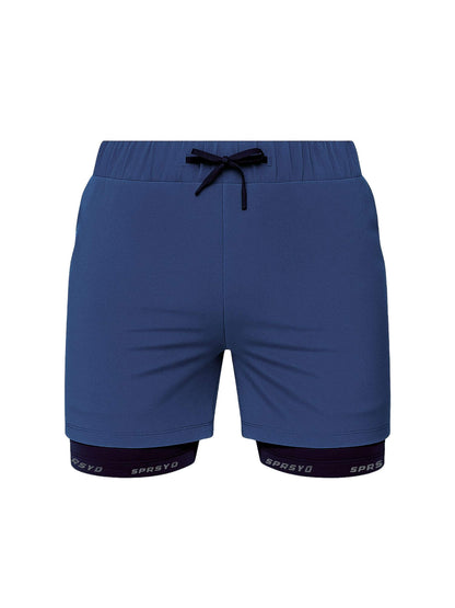 Blue shorts with black drawstring on a white background