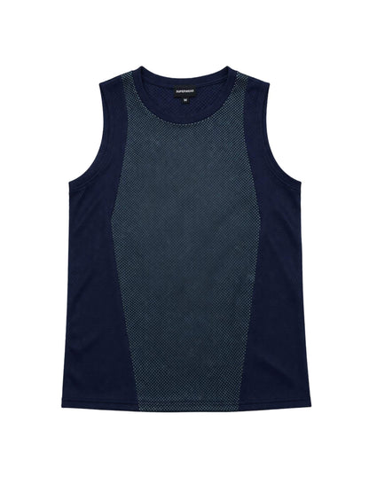 Sleeveless athletic shirt with dark blue and gray design on a white background