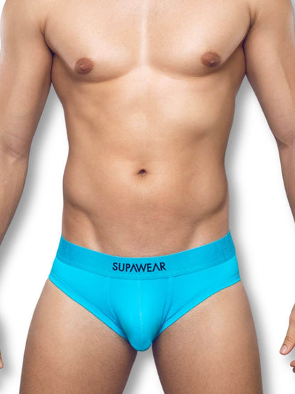 Blue men's underwear with 'Supawear' branding on a white background