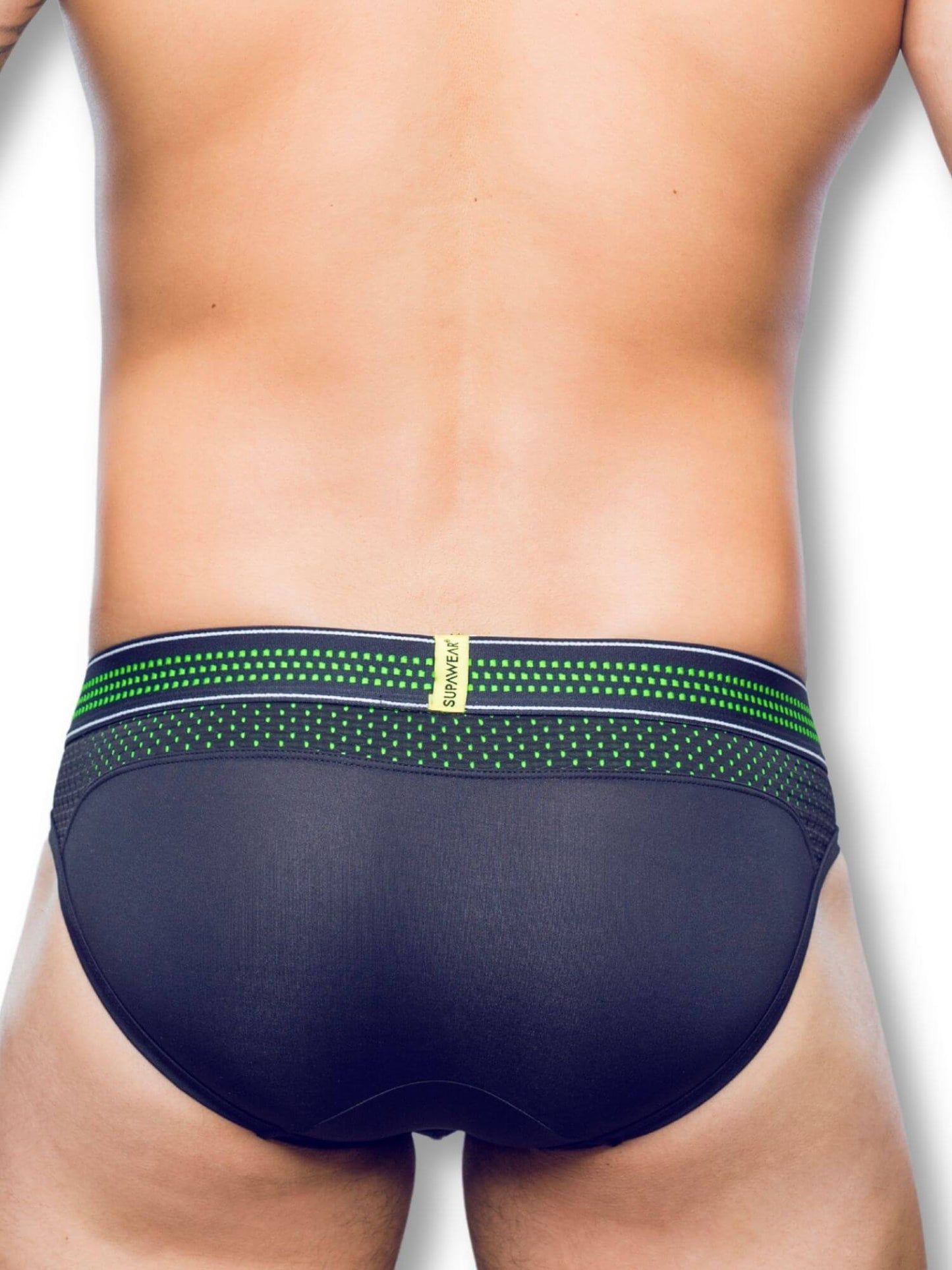 person wearing black men's underwear with green waistband on a white background