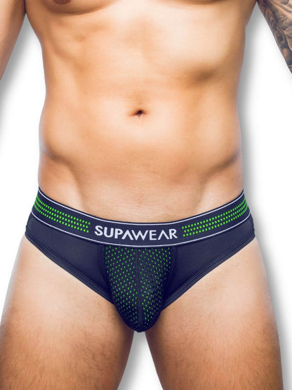 black men's underwear with green accents and 'Supawear' branding on a white background