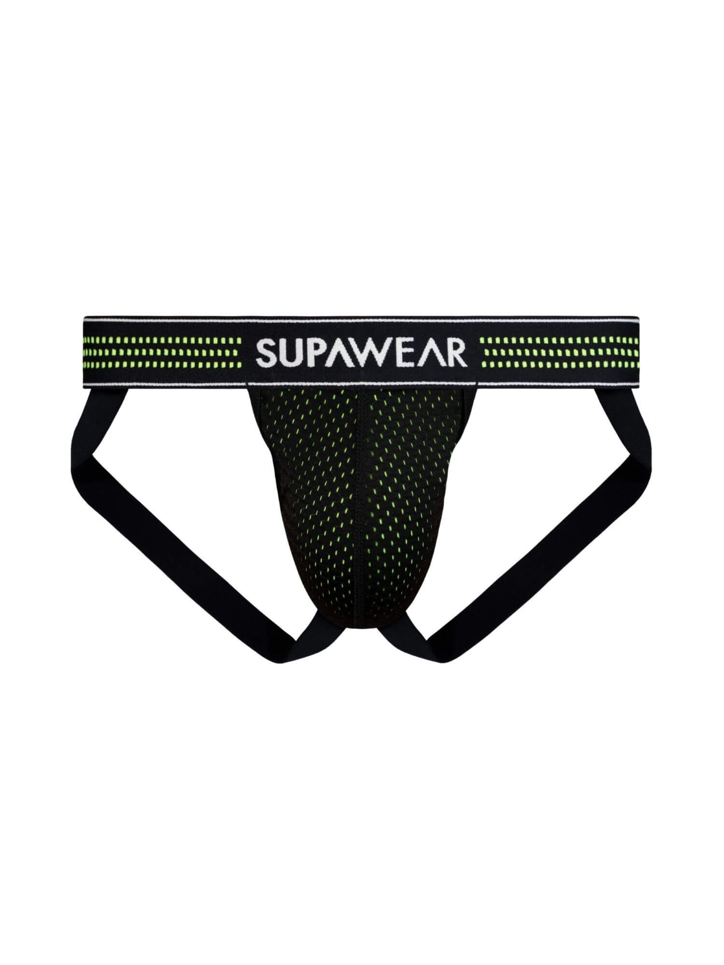 Black men's underwear with neon green accents and Supawear branding on a white background