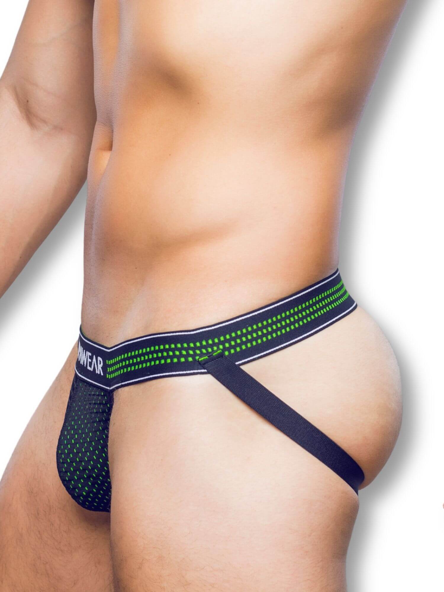 black men's underwear with green mesh design on a white background