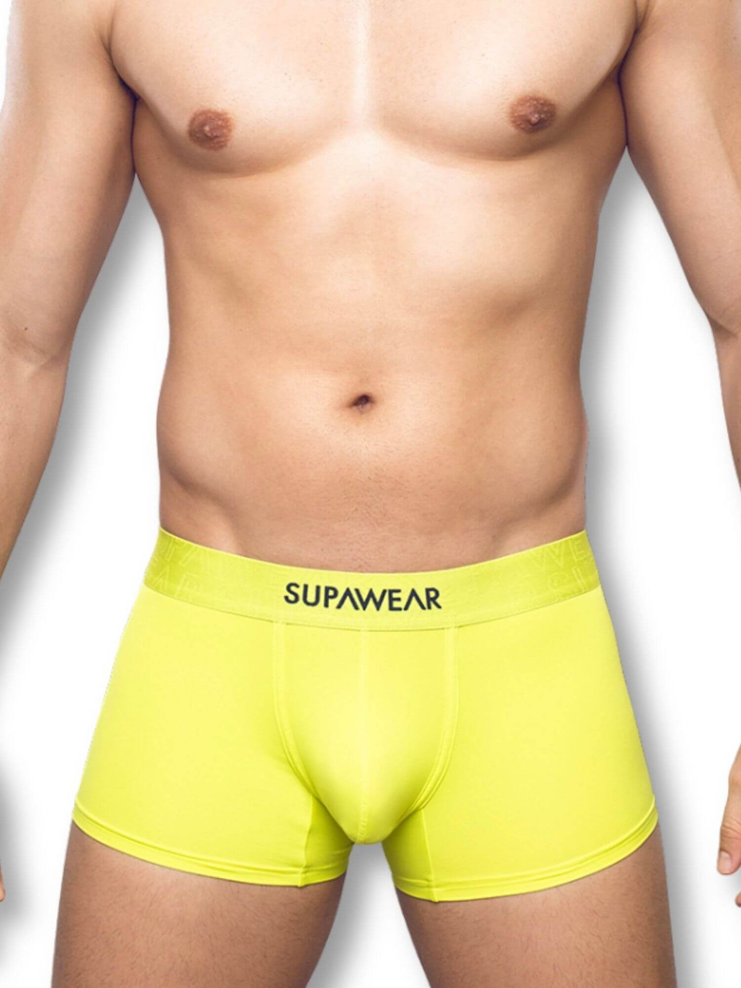 neon lime boxer briefs with 'SUPAWEAR' branding on a white background
