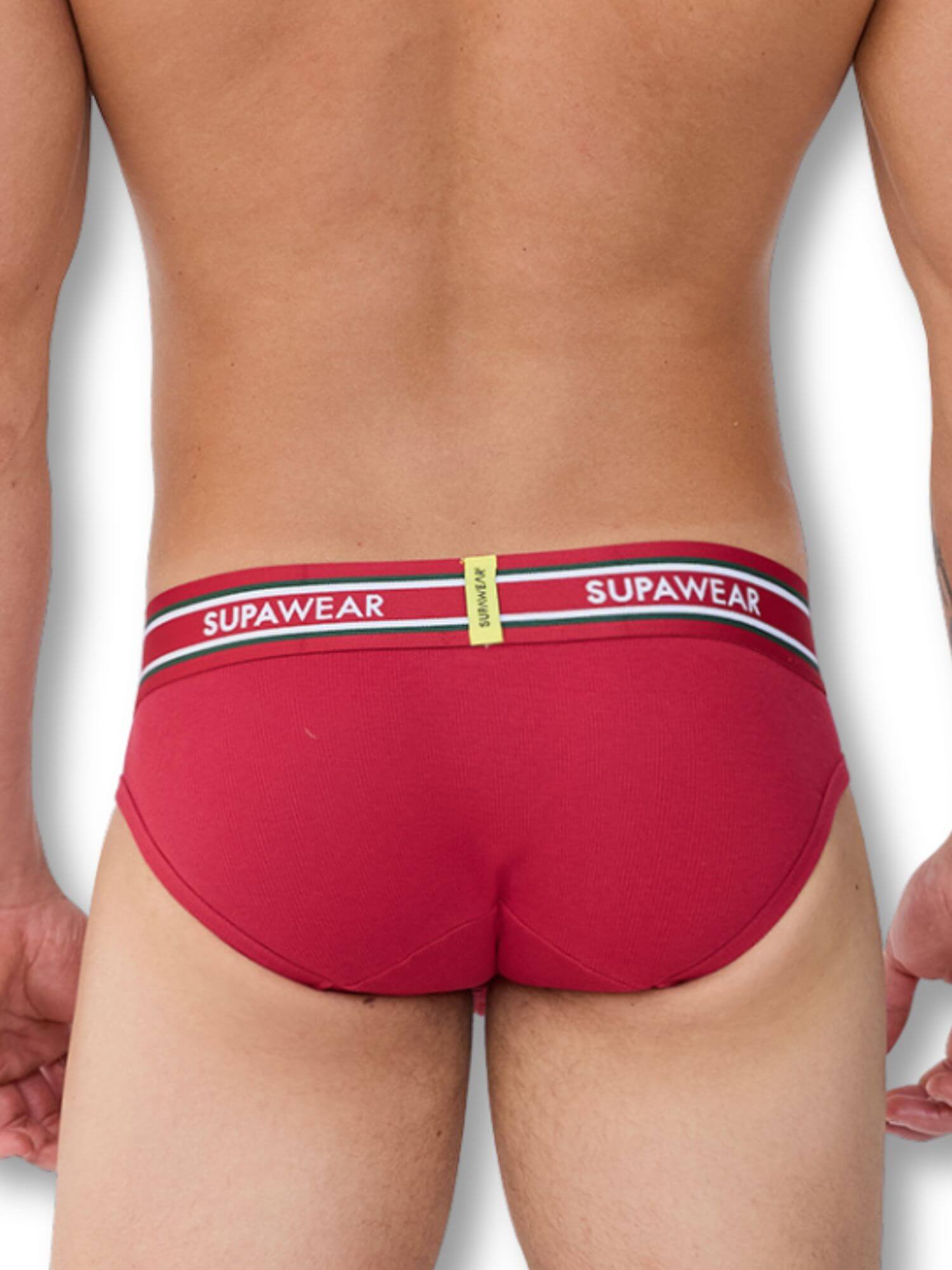 Red men's underwear with a visible brand label on a white background