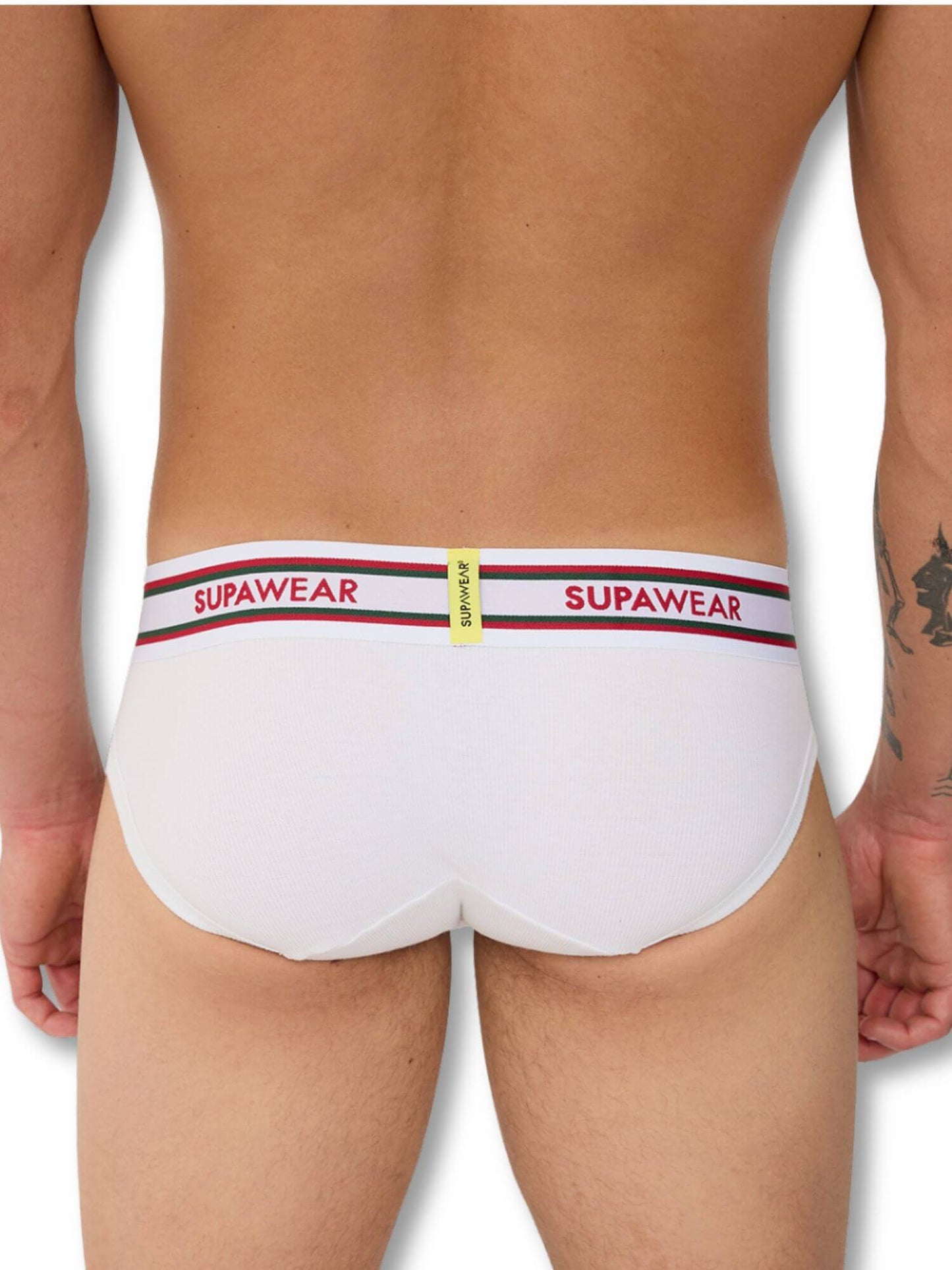White men's underwear with red and black waistband featuring 'Supawear' brand on a white background.