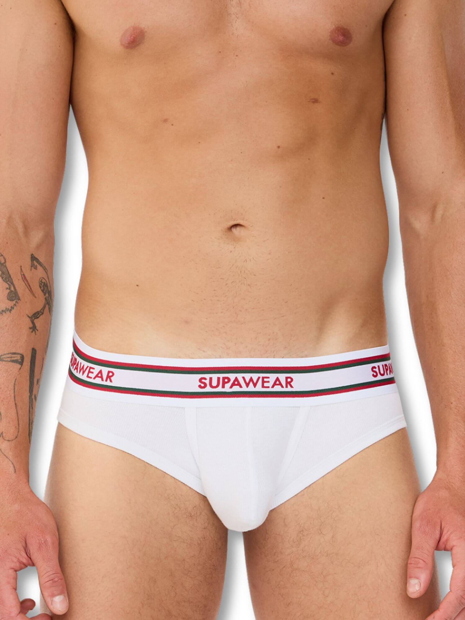 White men's underwear with Supawear waistband on a white background