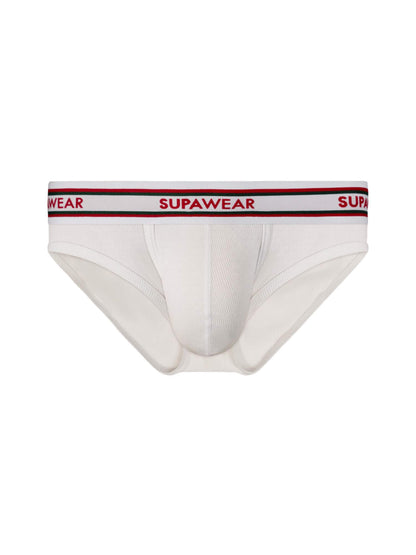 White men's underwear with red and black waistband on a white background