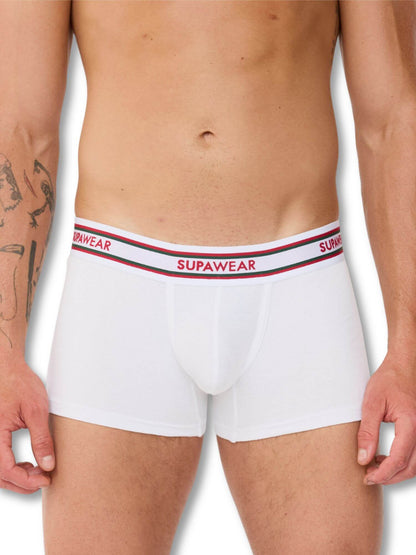 White boxer briefs with red and blue waistband featuring 'Supawear' brand on a white background.