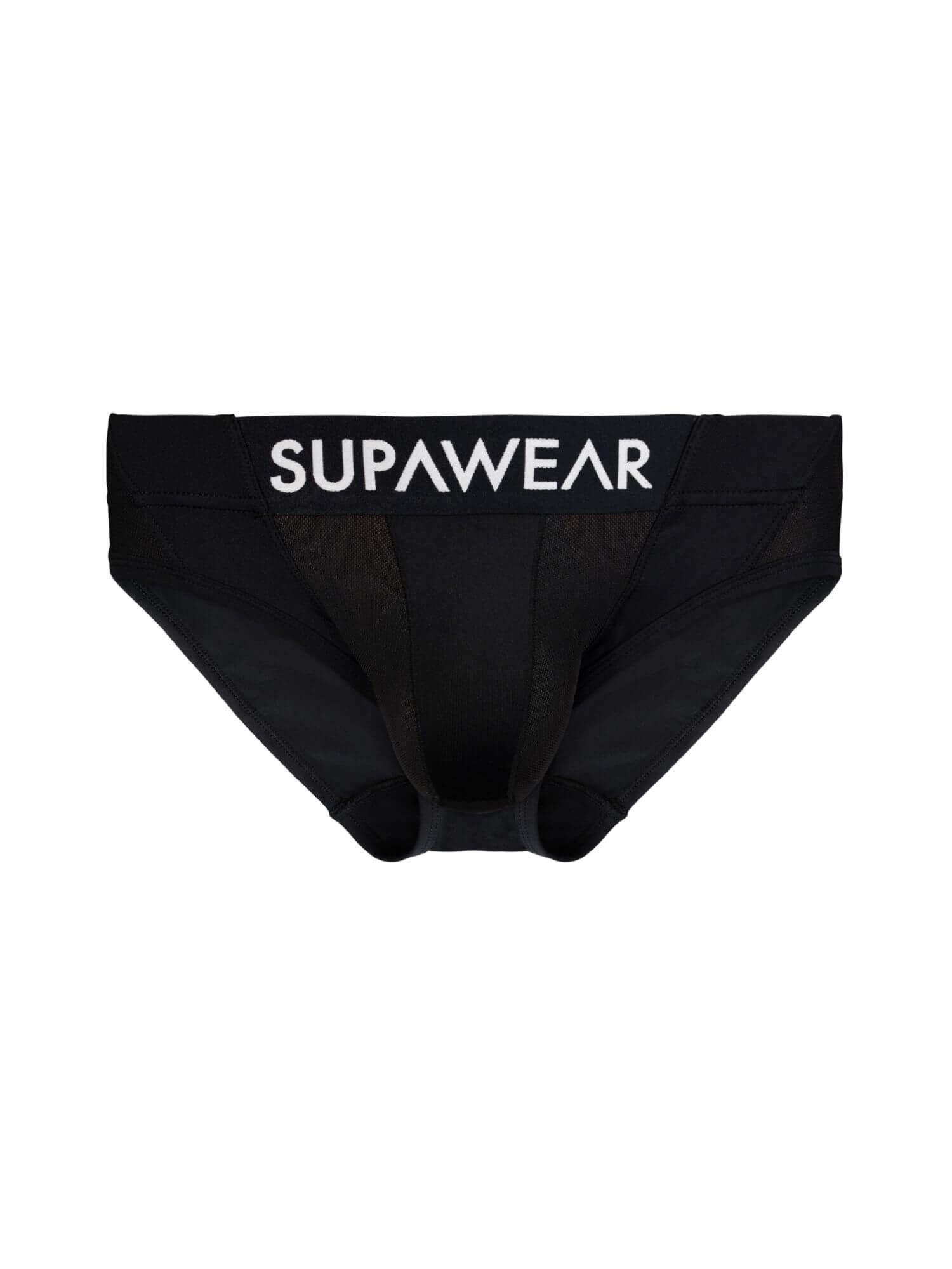 Black briefs with 'SUPAWEAR' branding on a white background