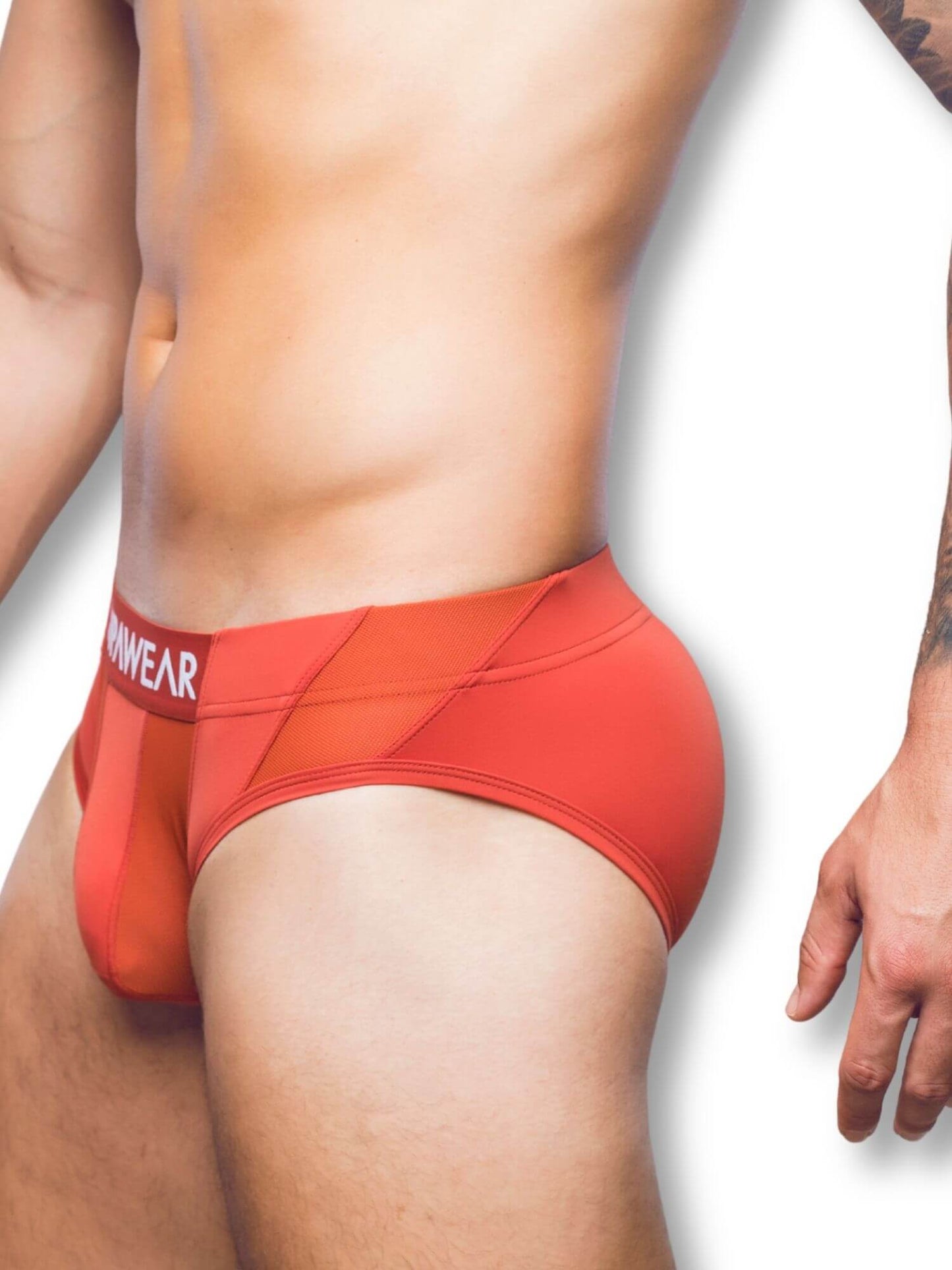 Red men's underwear with brand logo on a white background