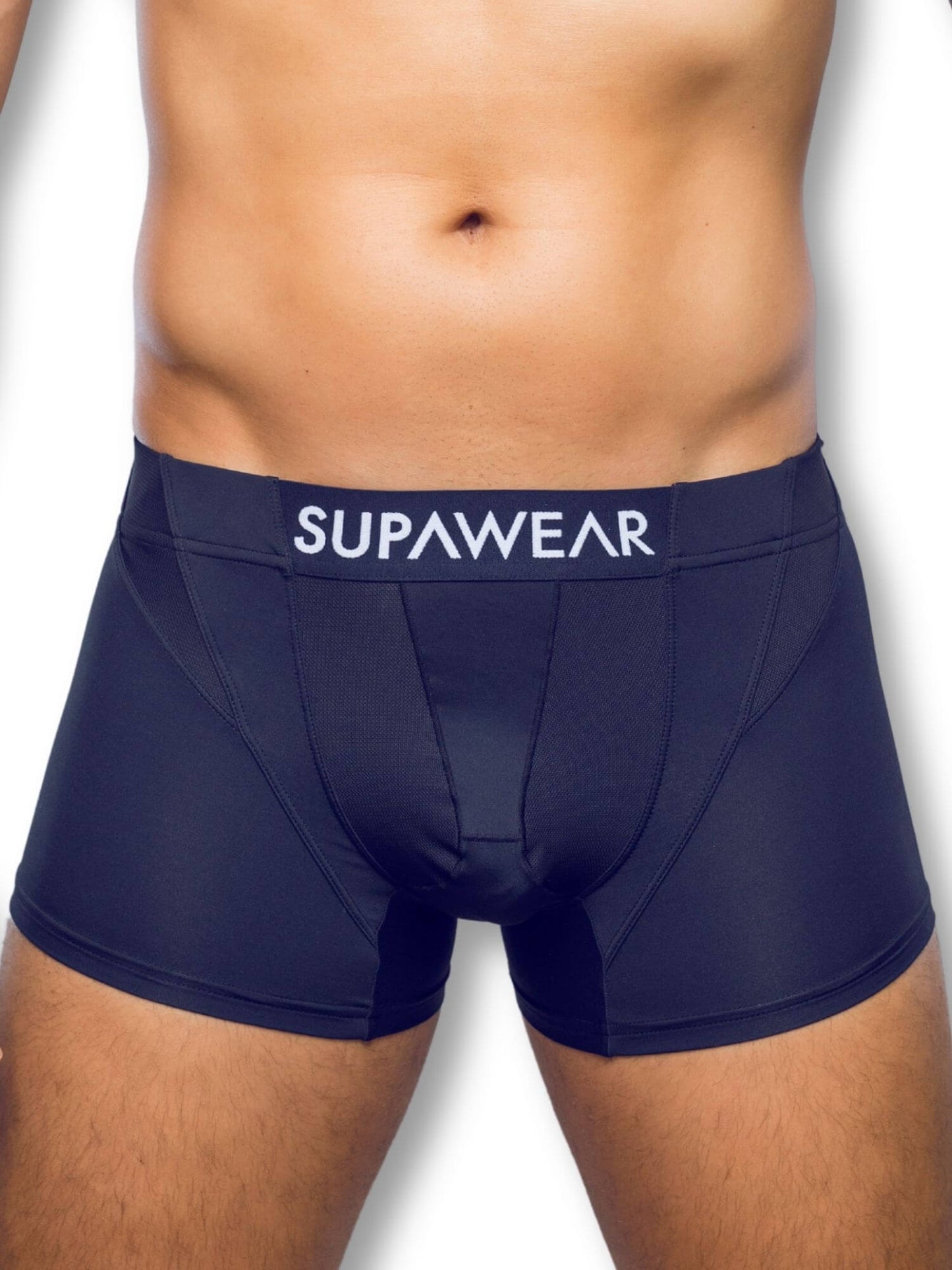 black boxer briefs with 'Supawear' waistband on a white background