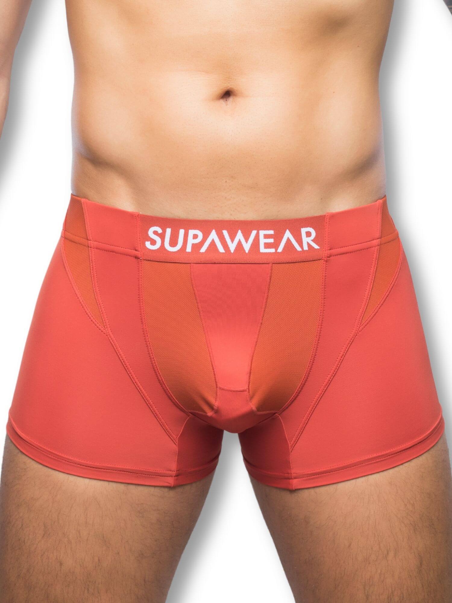 Red boxer briefs with 'Supawear' branding on a white background