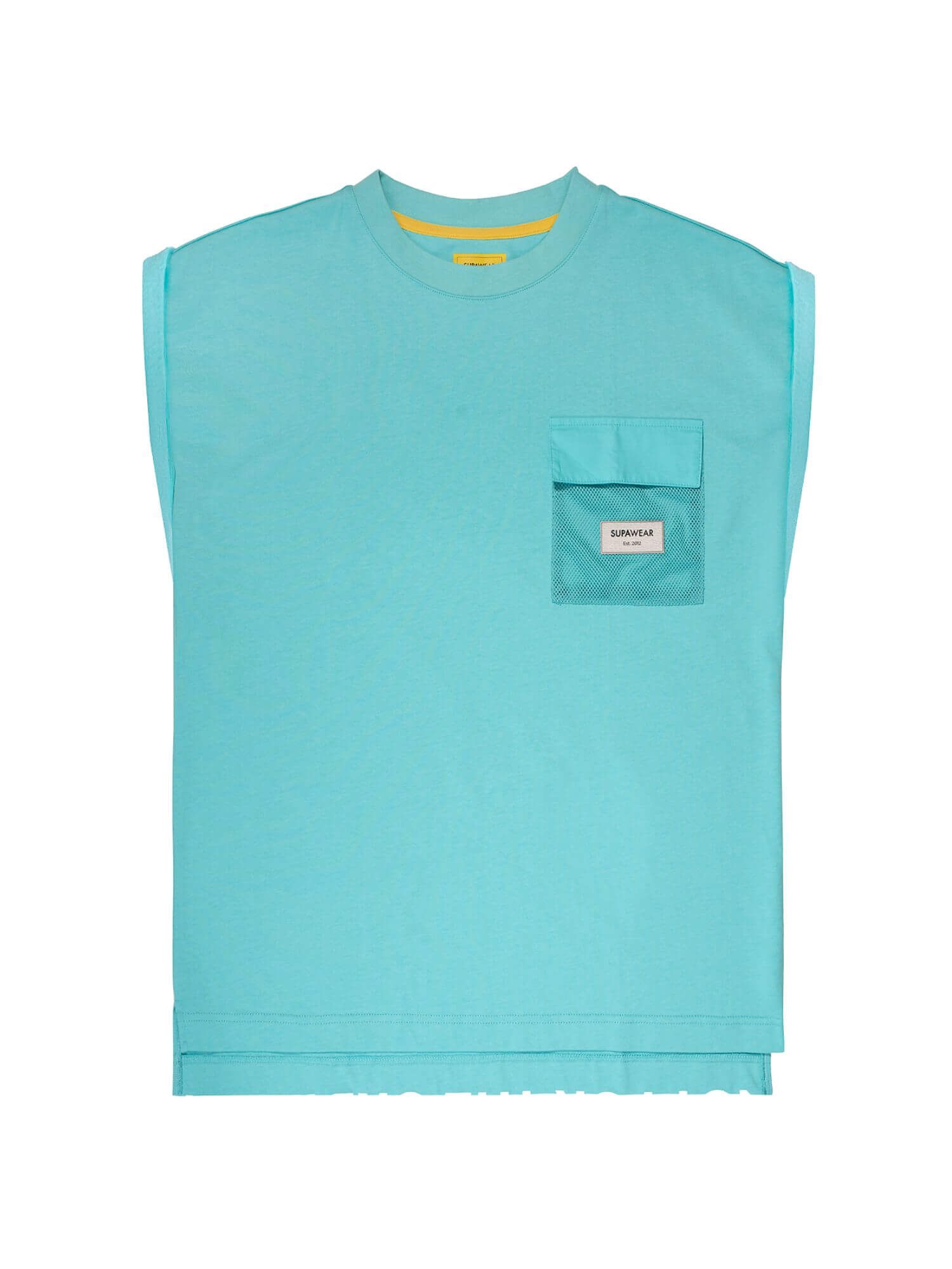 Turquoise sleeveless shirt with a pocket on a white background
