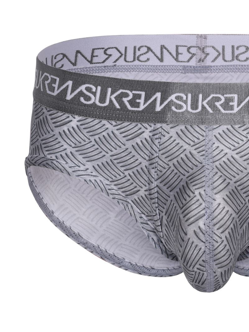 Gray boxer briefs with a patterned waistband on a white background
