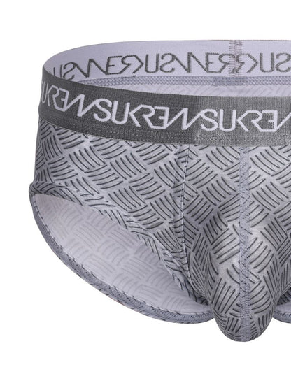 Gray boxer briefs with a patterned waistband on a white background