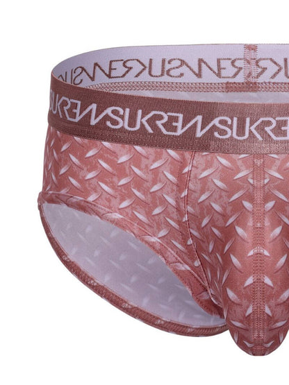 Patterned underwear with a visible brand logo on a white background