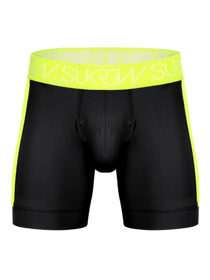 Black boxer briefs with a neon yellow waistband featuring branding on a white background