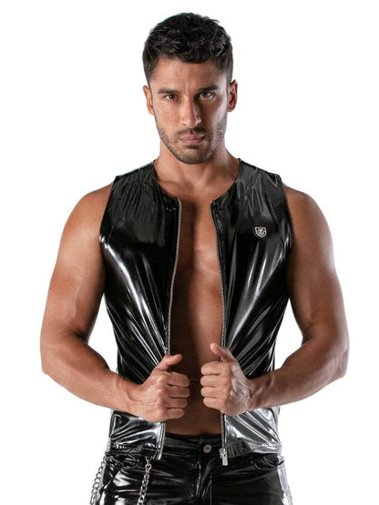 Mens TOF Paris Vinyl Tank Top: Shiny PVC Look, Zipped, Stretch Fit