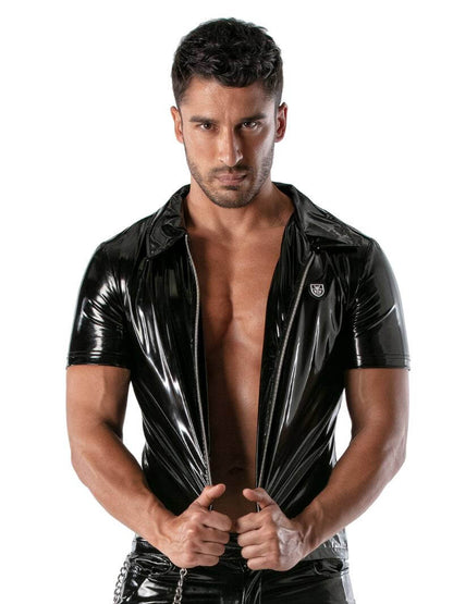 Mens TOF Paris Vinyl Shirt: Zipped, Short-Sleeves, Shiny PVC Look