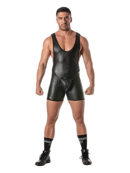 Mens TOF Paris Kinky Leather Look Bodysuit with Removable Pouch