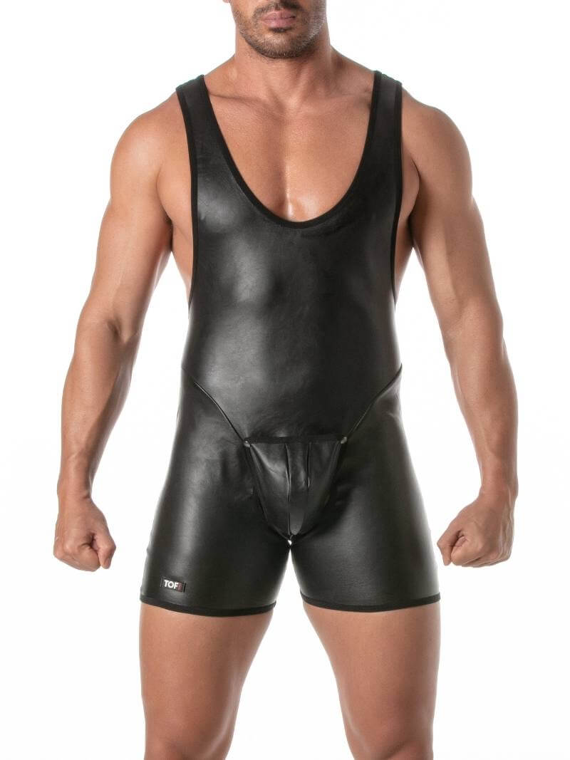 Mens TOF Paris Kinky Leather Look Bodysuit with Removable Pouch