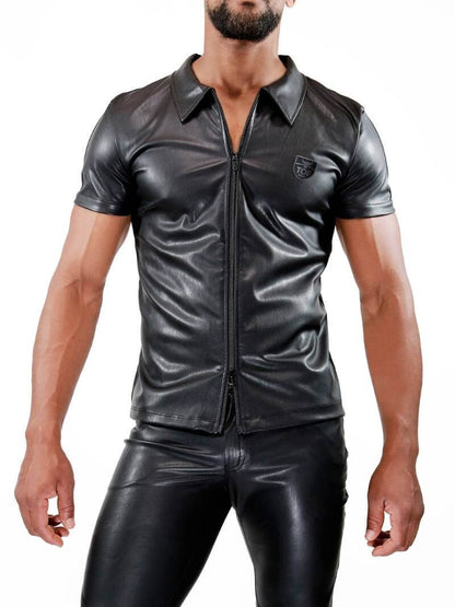 Mens TOF Paris Leather-Look Shirt: Short Sleeves, Zipped, Collared