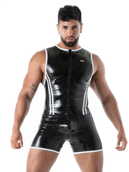 Man wearing a black vinyl romper with white accents on a white background