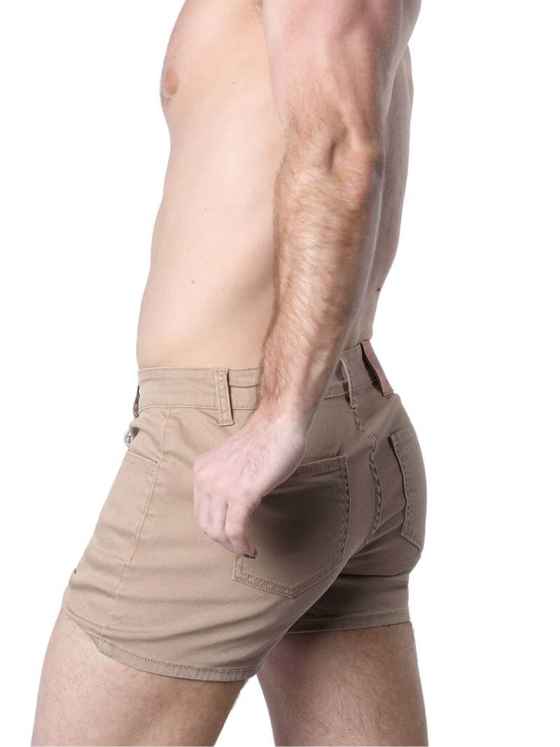 A pair of green Timoteo Berkeley cotton twill pocket shorts with a logo branding on the waistband, featuring a mid-thigh length, low-rise waist, zip-up fly, button fastening, belt loops, and five pockets.