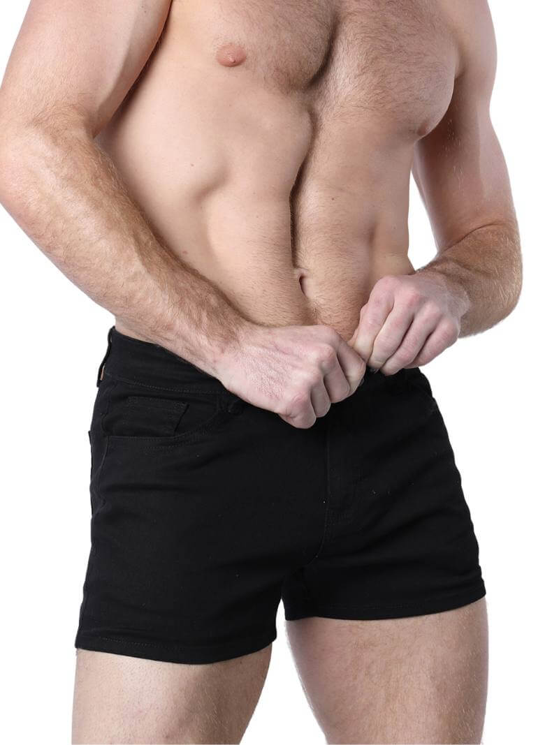 A pair of green Timoteo Berkeley cotton twill pocket shorts with a logo branding on the waistband, featuring a mid-thigh length, low-rise waist, zip-up fly, button fastening, belt loops, and five pockets.