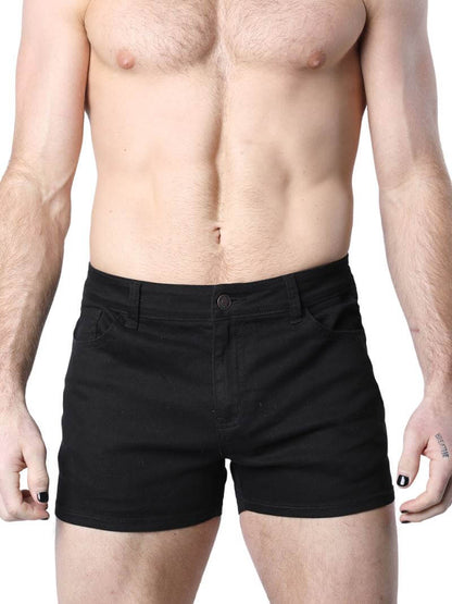 A pair of green Timoteo Berkeley cotton twill pocket shorts with a logo branding on the waistband, featuring a mid-thigh length, low-rise waist, zip-up fly, button fastening, belt loops, and five pockets.