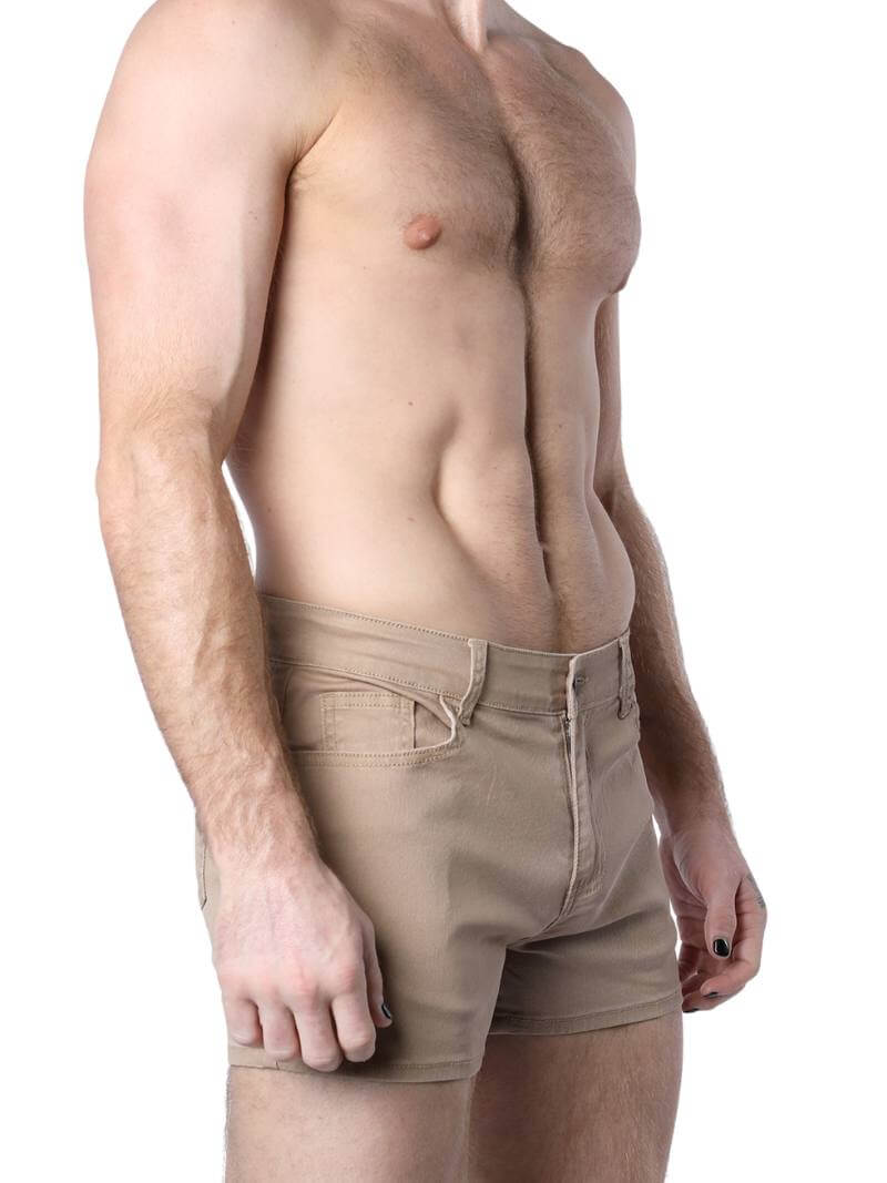 A pair of green Timoteo Berkeley cotton twill pocket shorts with a logo branding on the waistband, featuring a mid-thigh length, low-rise waist, zip-up fly, button fastening, belt loops, and five pockets.
