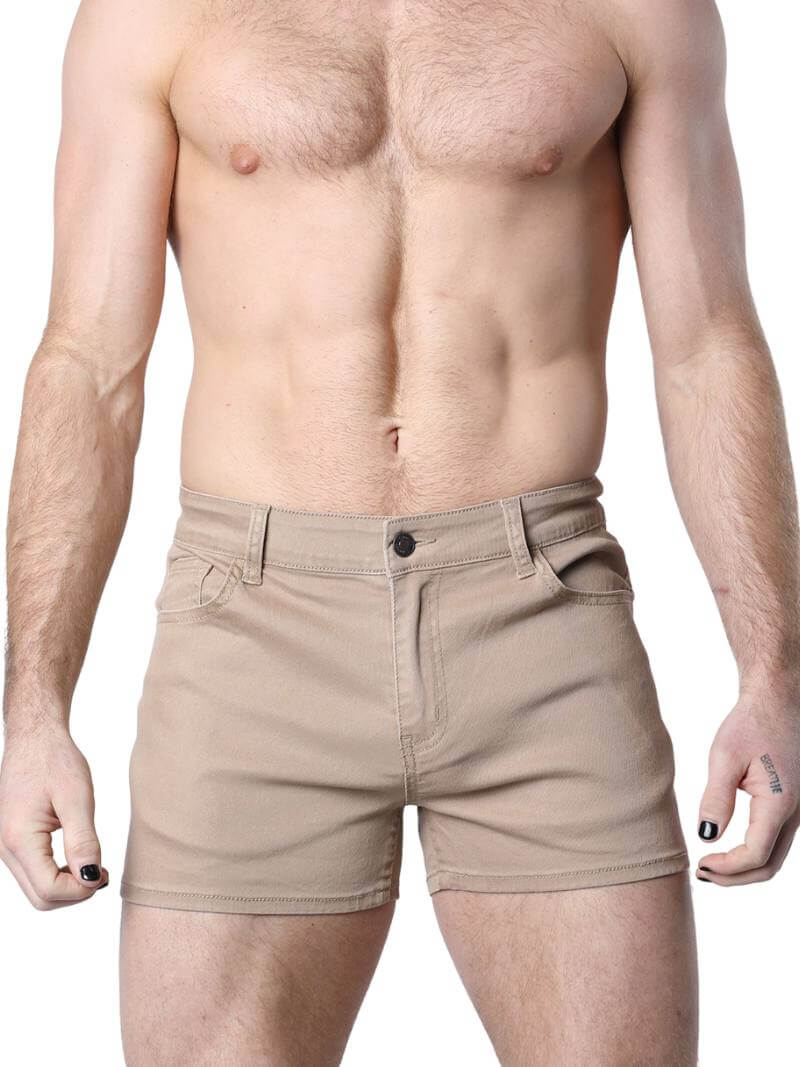 A pair of green Timoteo Berkeley cotton twill pocket shorts with a logo branding on the waistband, featuring a mid-thigh length, low-rise waist, zip-up fly, button fastening, belt loops, and five pockets.