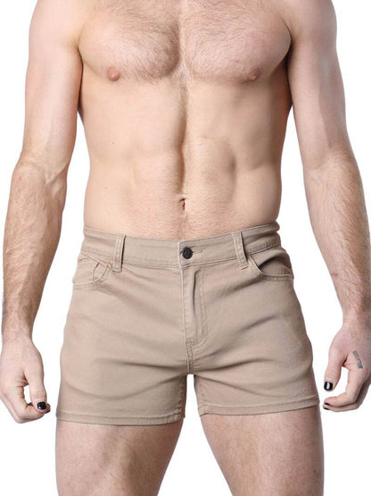 A pair of green Timoteo Berkeley cotton twill pocket shorts with a logo branding on the waistband, featuring a mid-thigh length, low-rise waist, zip-up fly, button fastening, belt loops, and five pockets.