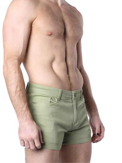 A pair of green Timoteo Berkeley cotton twill pocket shorts with a logo branding on the waistband, featuring a mid-thigh length, low-rise waist, zip-up fly, button fastening, belt loops, and five pockets.