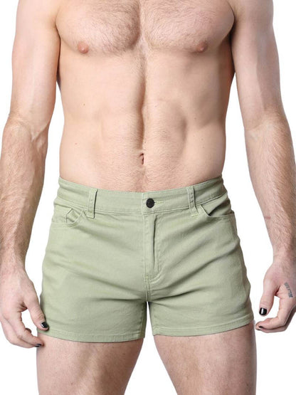 A pair of green Timoteo Berkeley cotton twill pocket shorts with a logo branding on the waistband, featuring a mid-thigh length, low-rise waist, zip-up fly, button fastening, belt loops, and five pockets.