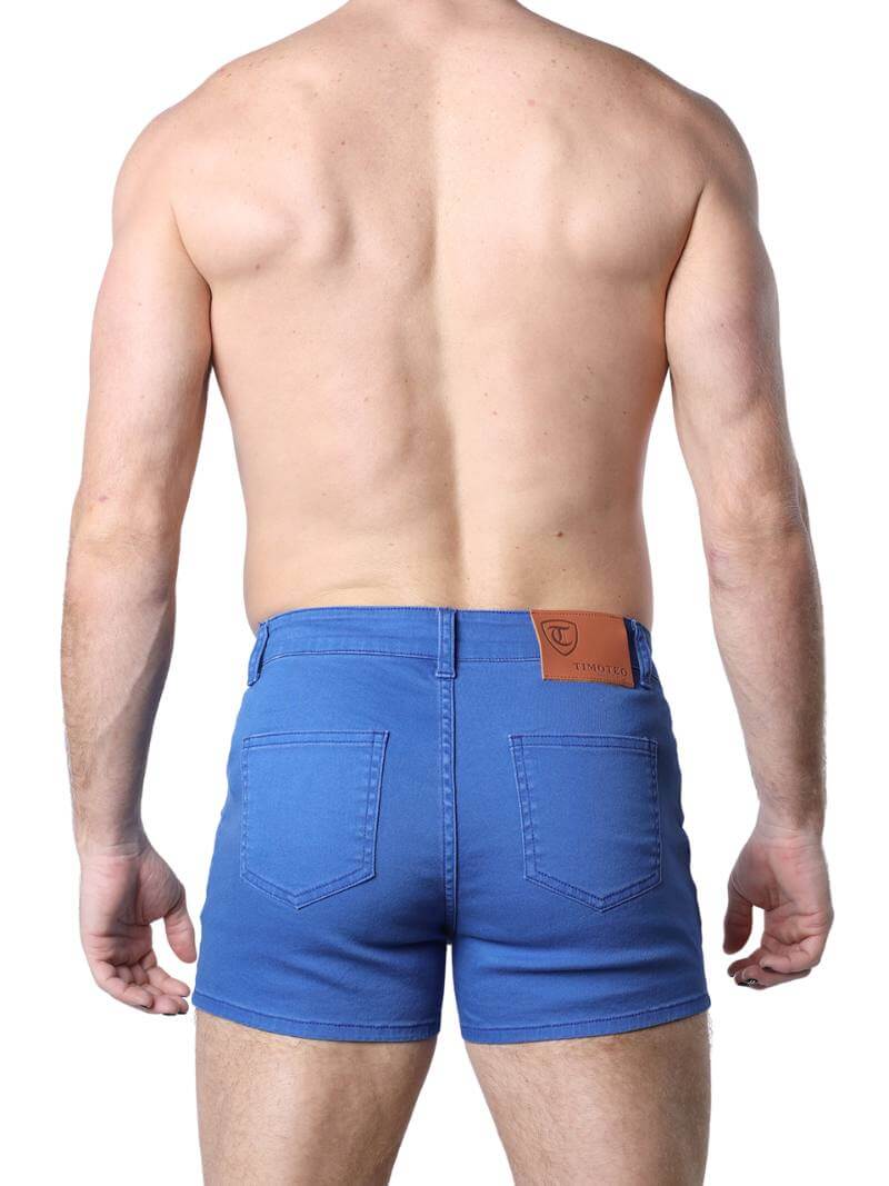 A pair of green Timoteo Berkeley cotton twill pocket shorts with a logo branding on the waistband, featuring a mid-thigh length, low-rise waist, zip-up fly, button fastening, belt loops, and five pockets.