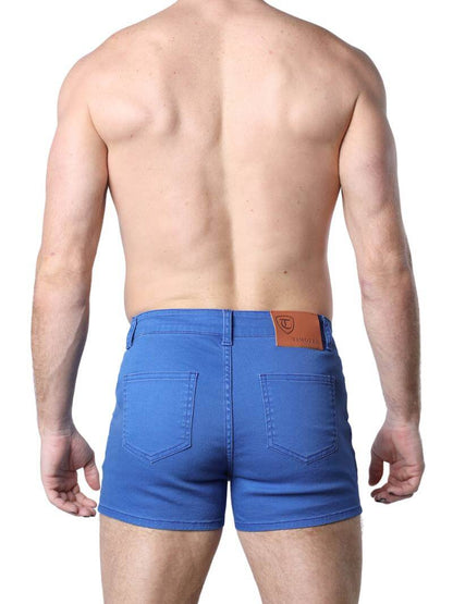 A pair of green Timoteo Berkeley cotton twill pocket shorts with a logo branding on the waistband, featuring a mid-thigh length, low-rise waist, zip-up fly, button fastening, belt loops, and five pockets.