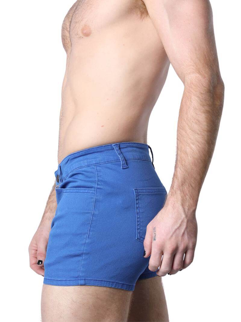 A pair of green Timoteo Berkeley cotton twill pocket shorts with a logo branding on the waistband, featuring a mid-thigh length, low-rise waist, zip-up fly, button fastening, belt loops, and five pockets.
