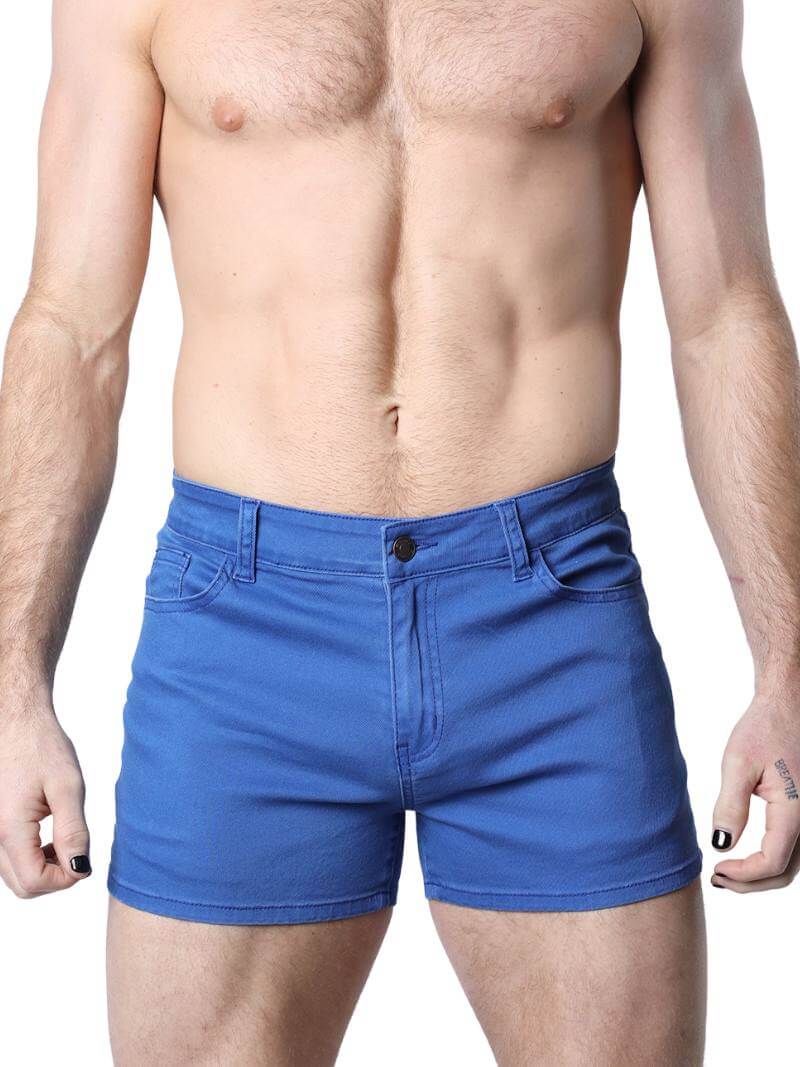 A pair of green Timoteo Berkeley cotton twill pocket shorts with a logo branding on the waistband, featuring a mid-thigh length, low-rise waist, zip-up fly, button fastening, belt loops, and five pockets.