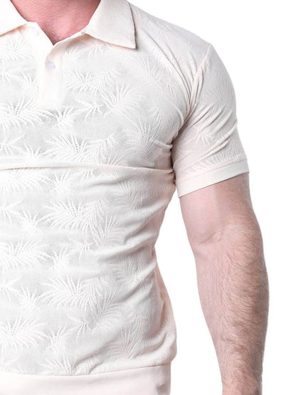 White textured short-sleeve shirt worn by a person on a white background