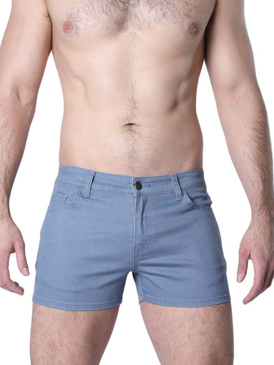 A pair of green Timoteo Berkeley cotton twill pocket shorts with a logo branding on the waistband, featuring a mid-thigh length, low-rise waist, zip-up fly, button fastening, belt loops, and five pockets.