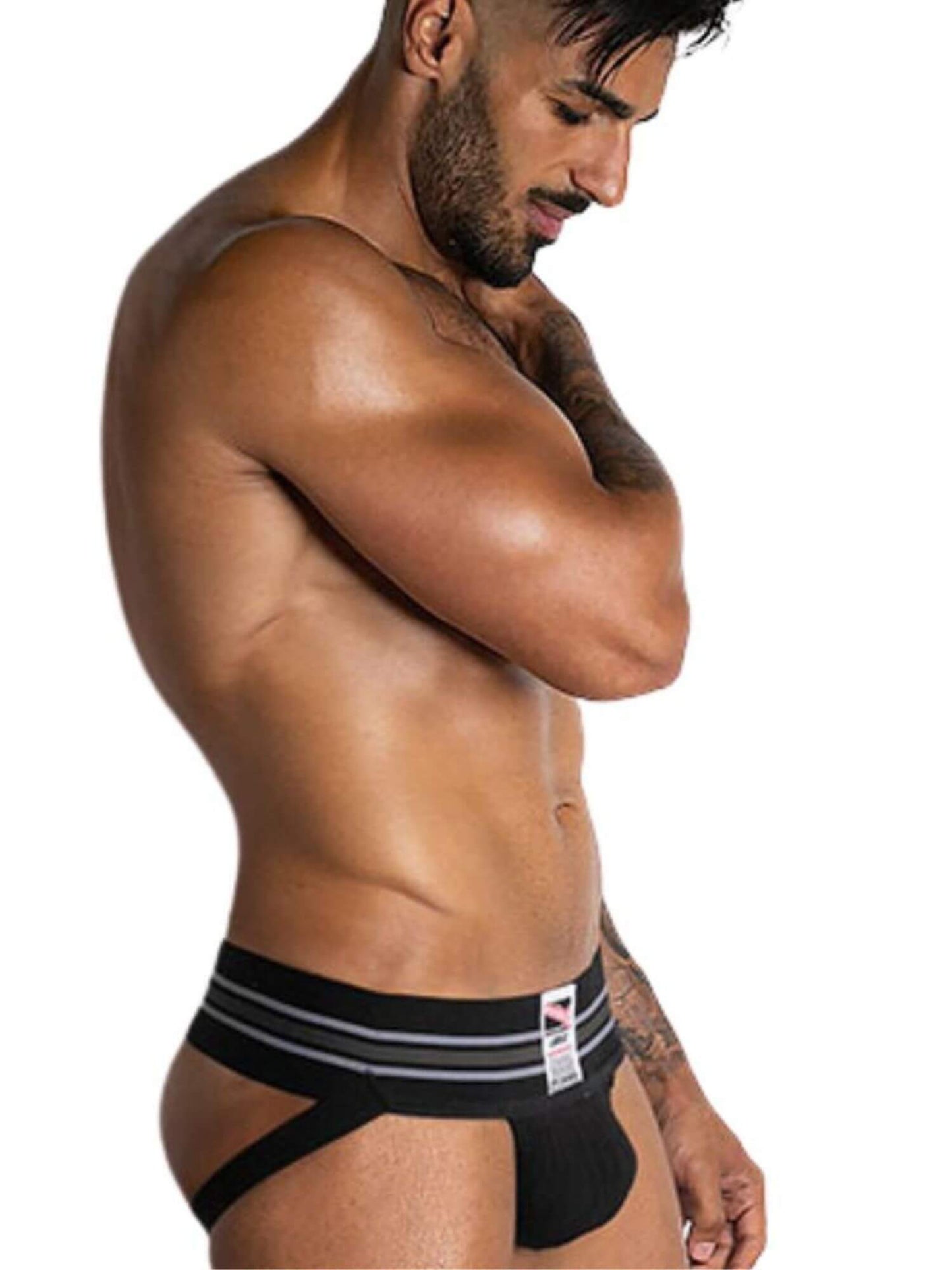 Man wearing black underwear with a brand logo on a white background