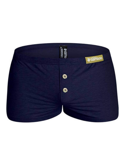 A pair of gray aussieBum Freedom Bamboo Boxer Shorts with a relaxed fit, short legs, low-rise, and a thin elasticated waistband. They feature a gold button-up fly.