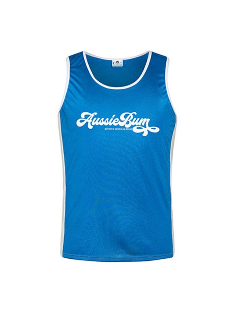 A blue aussieBum athletic nylon vest with white trims, a round neckline, and the brand name printed across the chest.