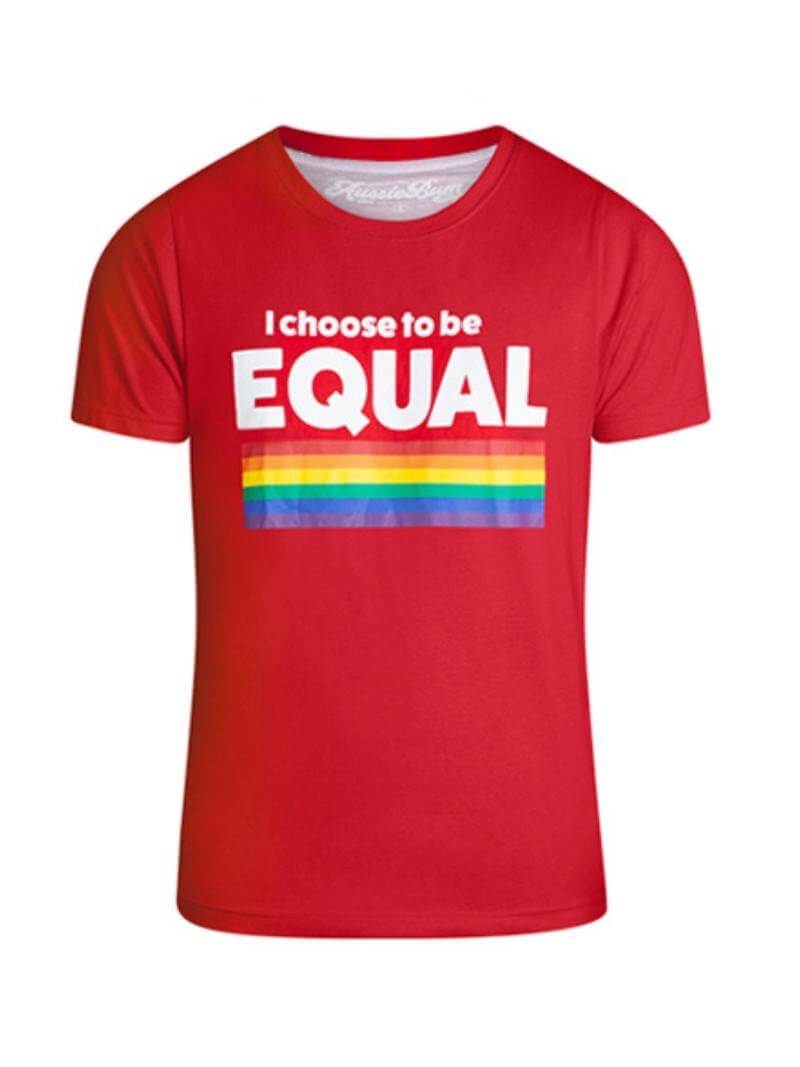 A red cotton t-shirt with 'I choose to be Equal' text and a rainbow flag on the chest, and the aussieBum branding on the back.