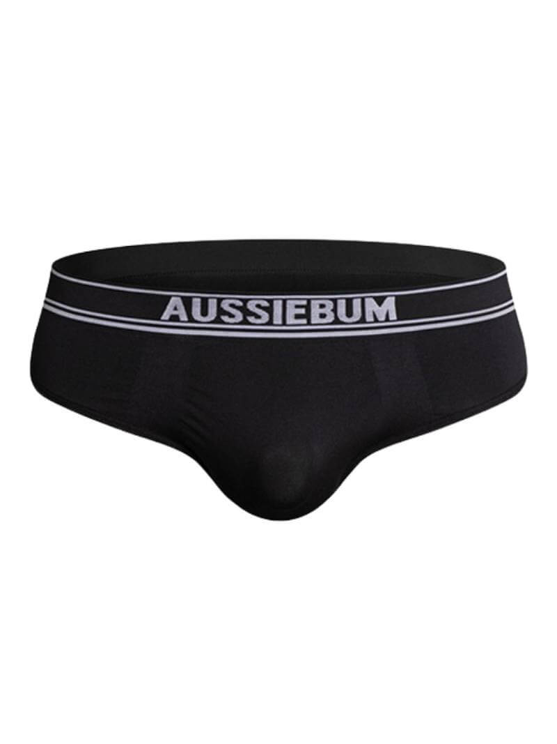 A pair of white aussieBum Seamless Tech 3.0 briefs with red aussieBum branding on the waistband.