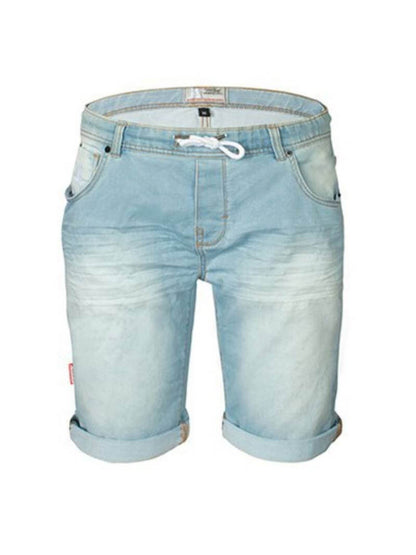 Light wash denim shorts with a drawstring waistband and rolled-up leg cuffs, featuring multiple pockets.