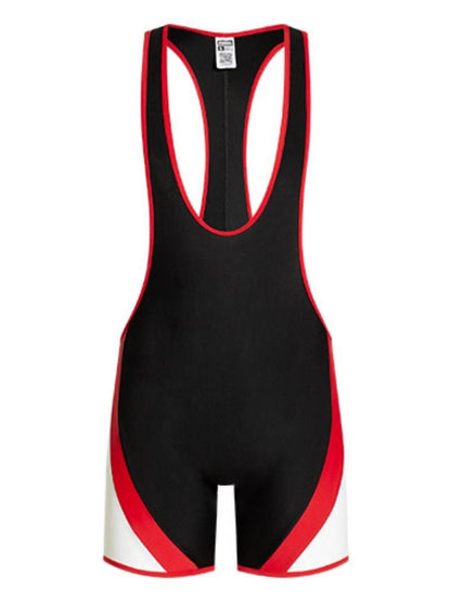 A wrestling singlet with short legs, a racerback top, and scoop neckline. It features a blue body with red and white panel details.
